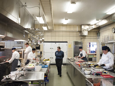 Students in the Gallatin College Culinary program prepare food in their kitchen at Montana State University in Bozeman, Mont. MSU photo by Kelly Gorham